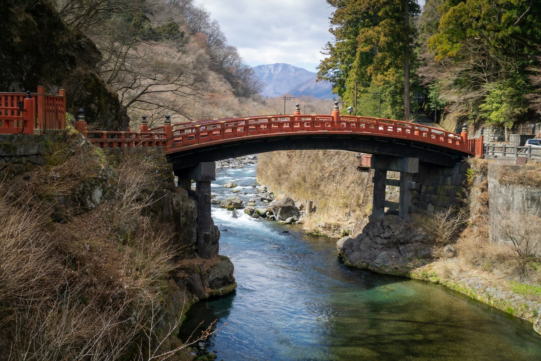 Bridge across river in forest in Nikko Japan