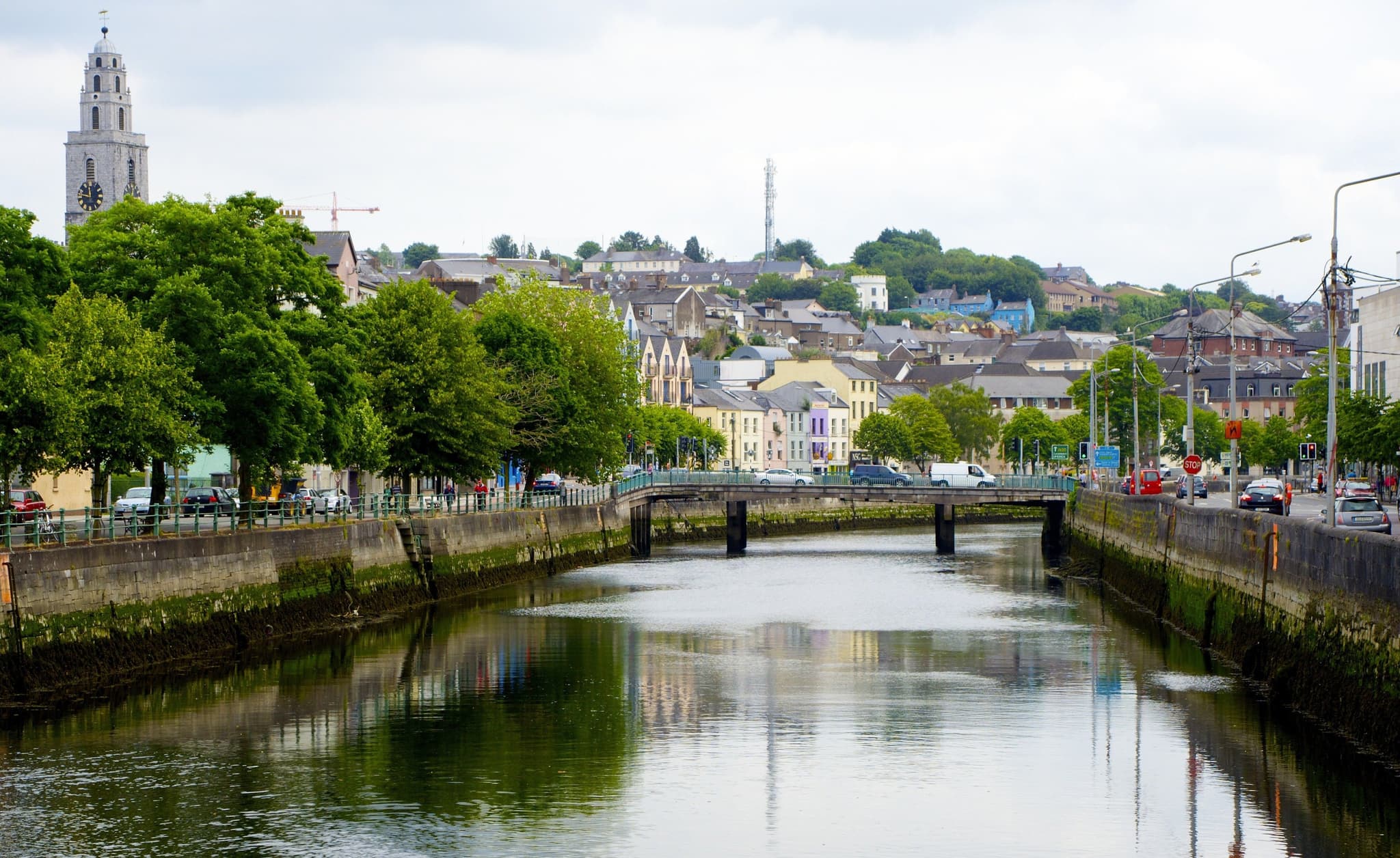 The canal, trees and houses in Cork City