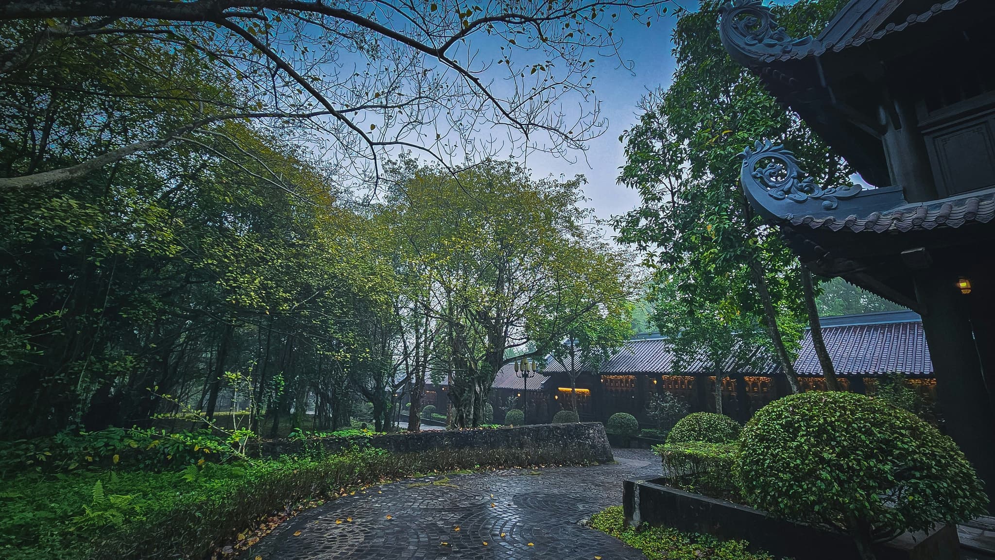 Temple garden in vietnam on a rainy day
