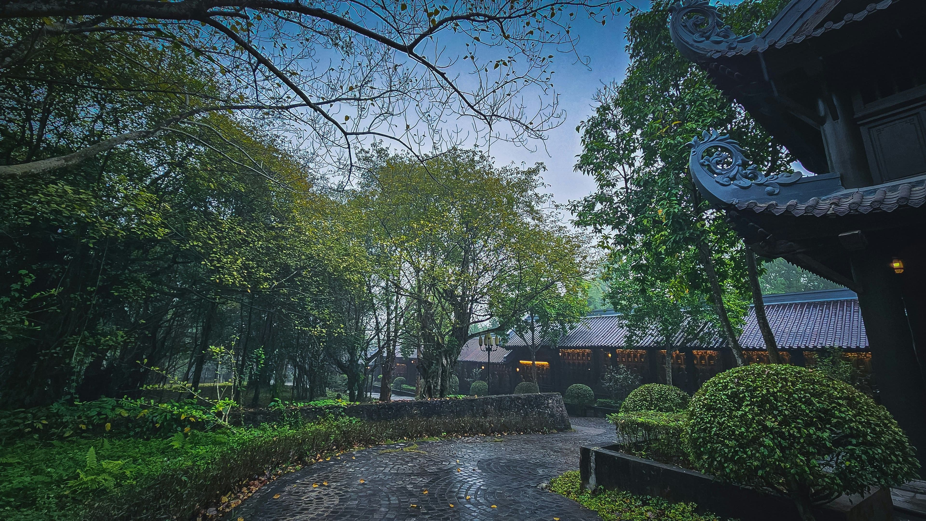 Temple garden in vietnam on a rainy day