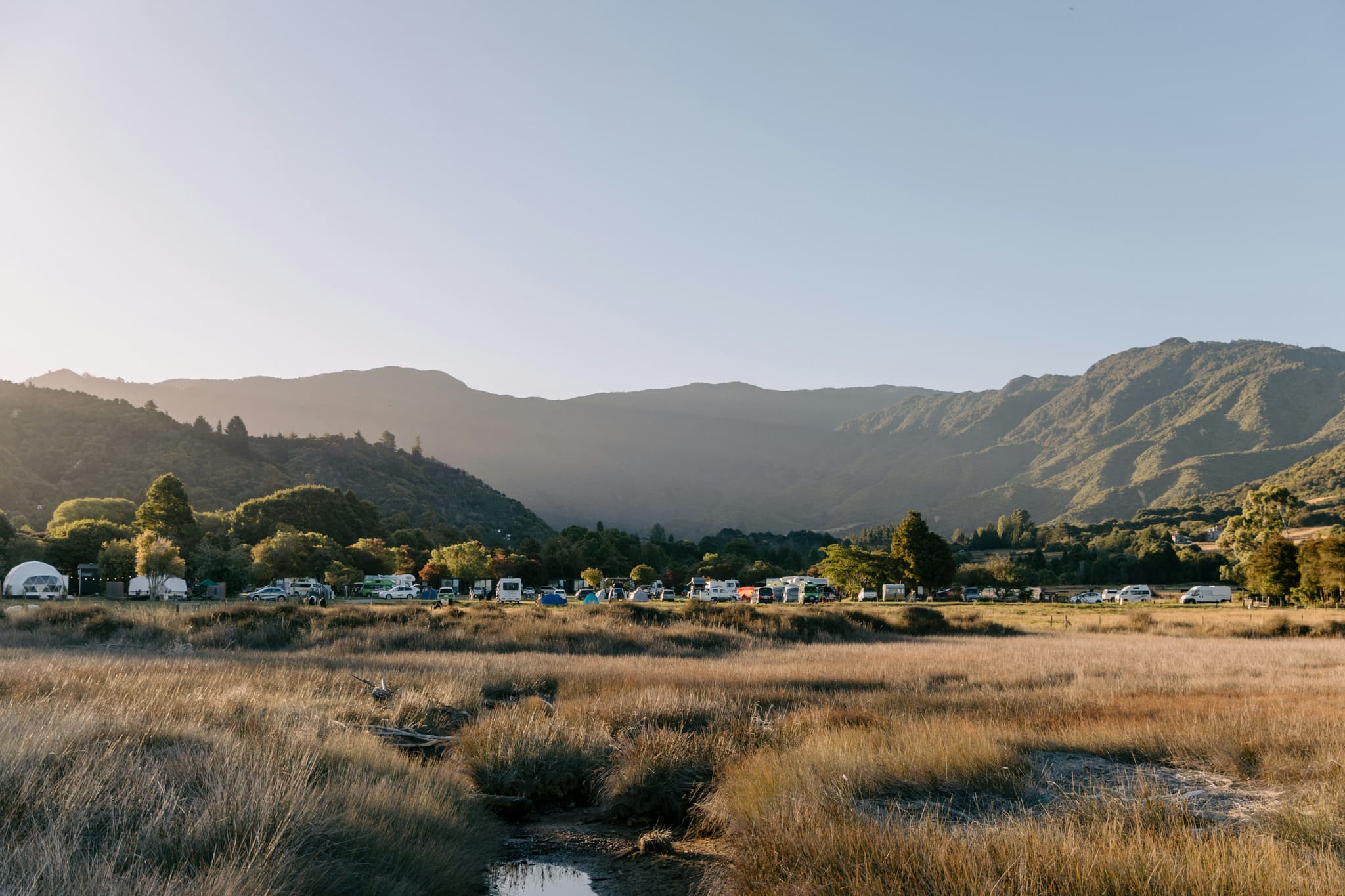 Orange grass field in Abel Tasman National Park surrounded by mountains during sunrise
