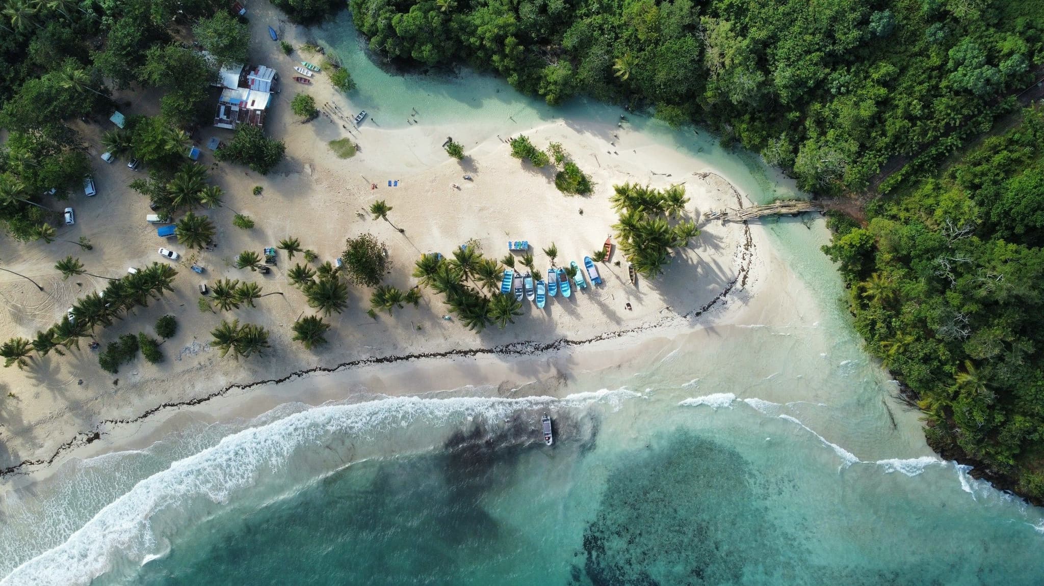 Aerial view of Playa Rincón and the Caño Frío river mouth on the Samaná Peninsula