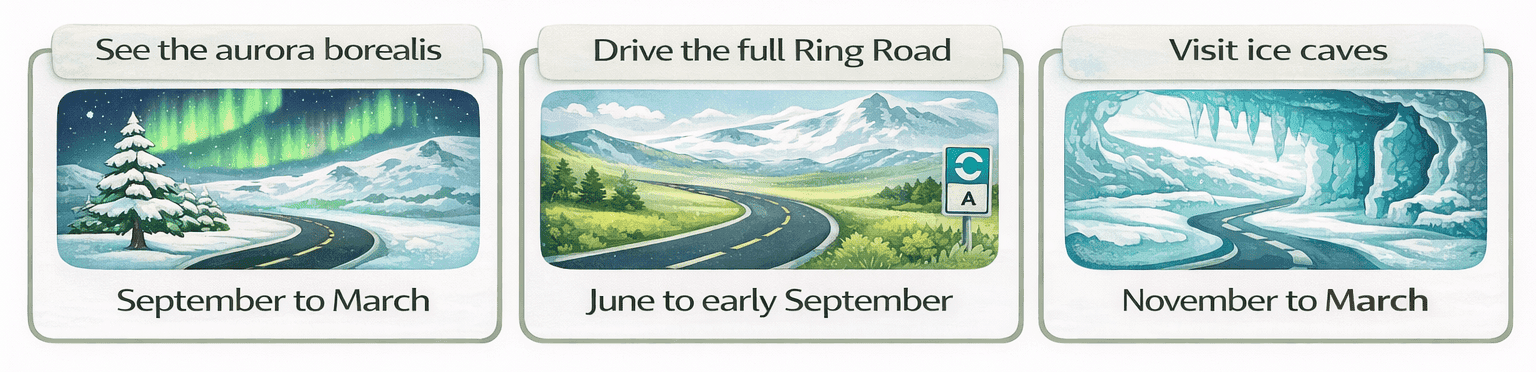 Landscape infographic showing six illustrated activities with their recommended months clearly displayed underneath each panel.