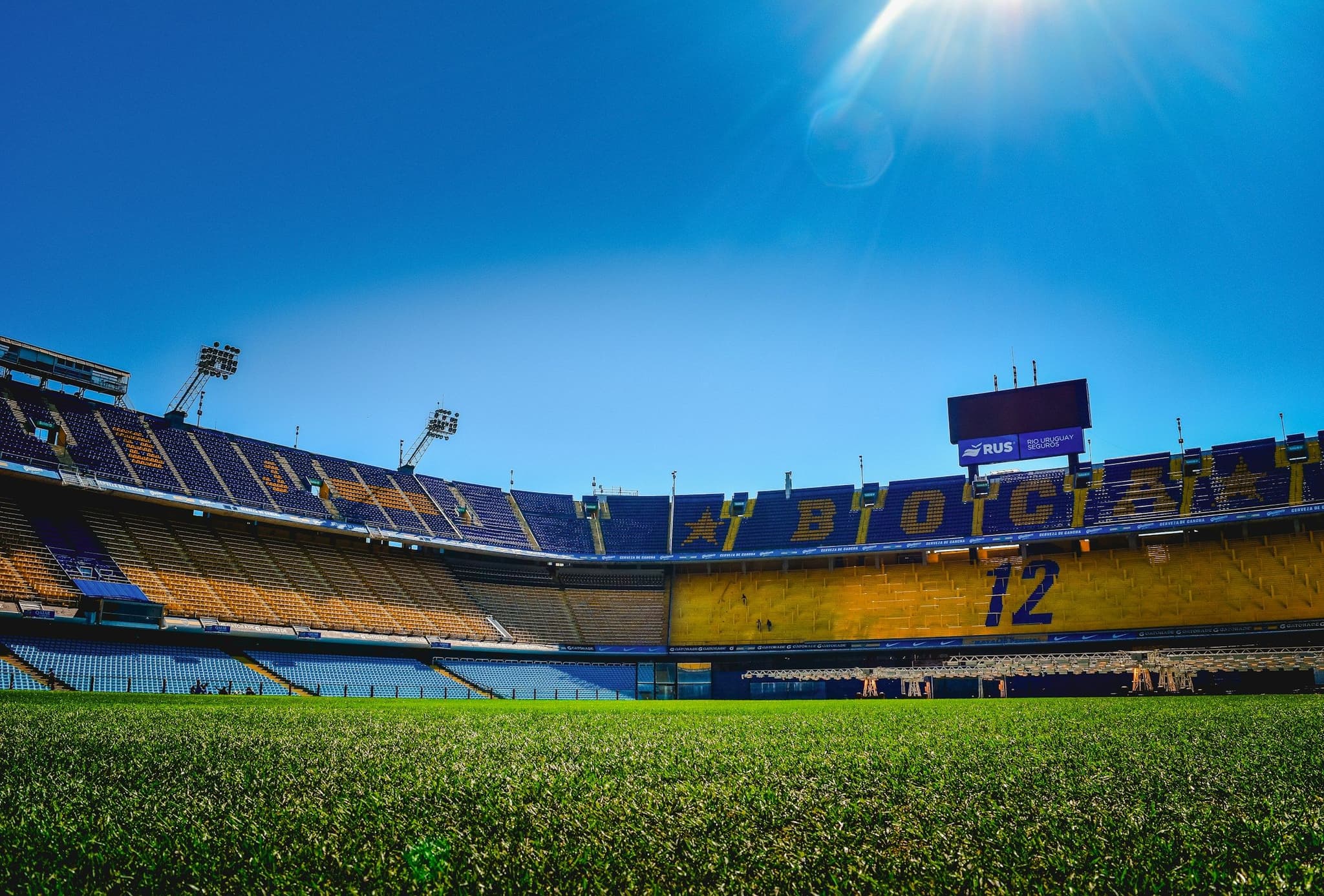 The stands and pitch of a football stadium