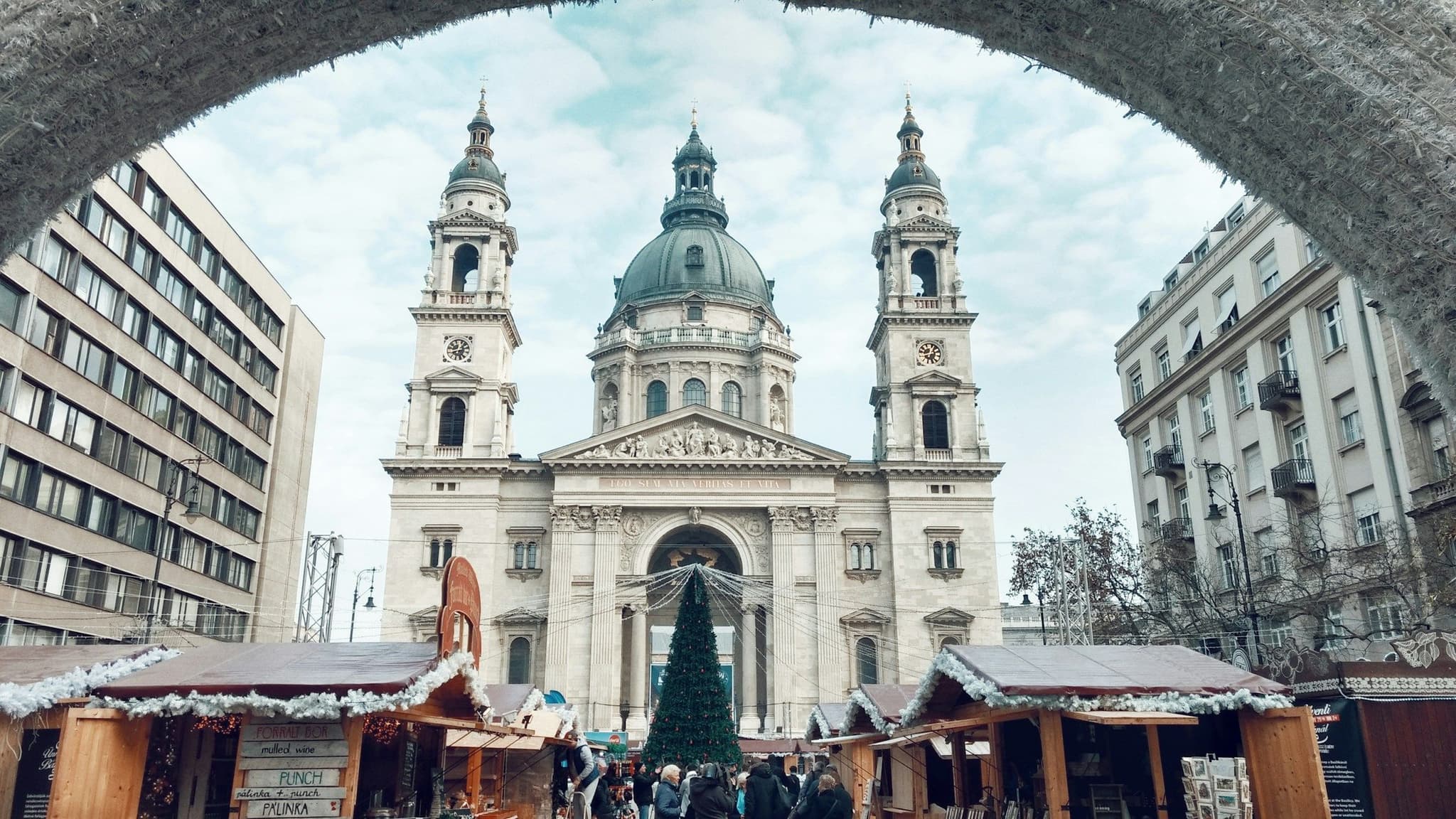The Christmas market in front of St Stephen's Basilica in Budapest