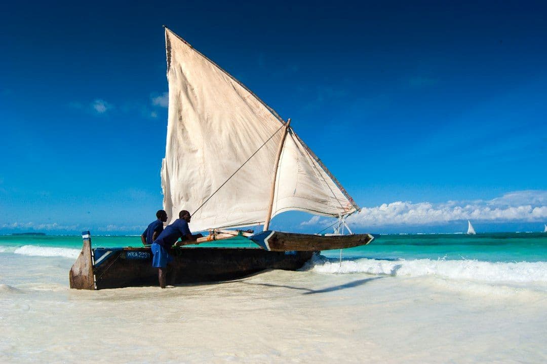 A locally built sailing boat on the beach at Matemwe, Zanzibar.