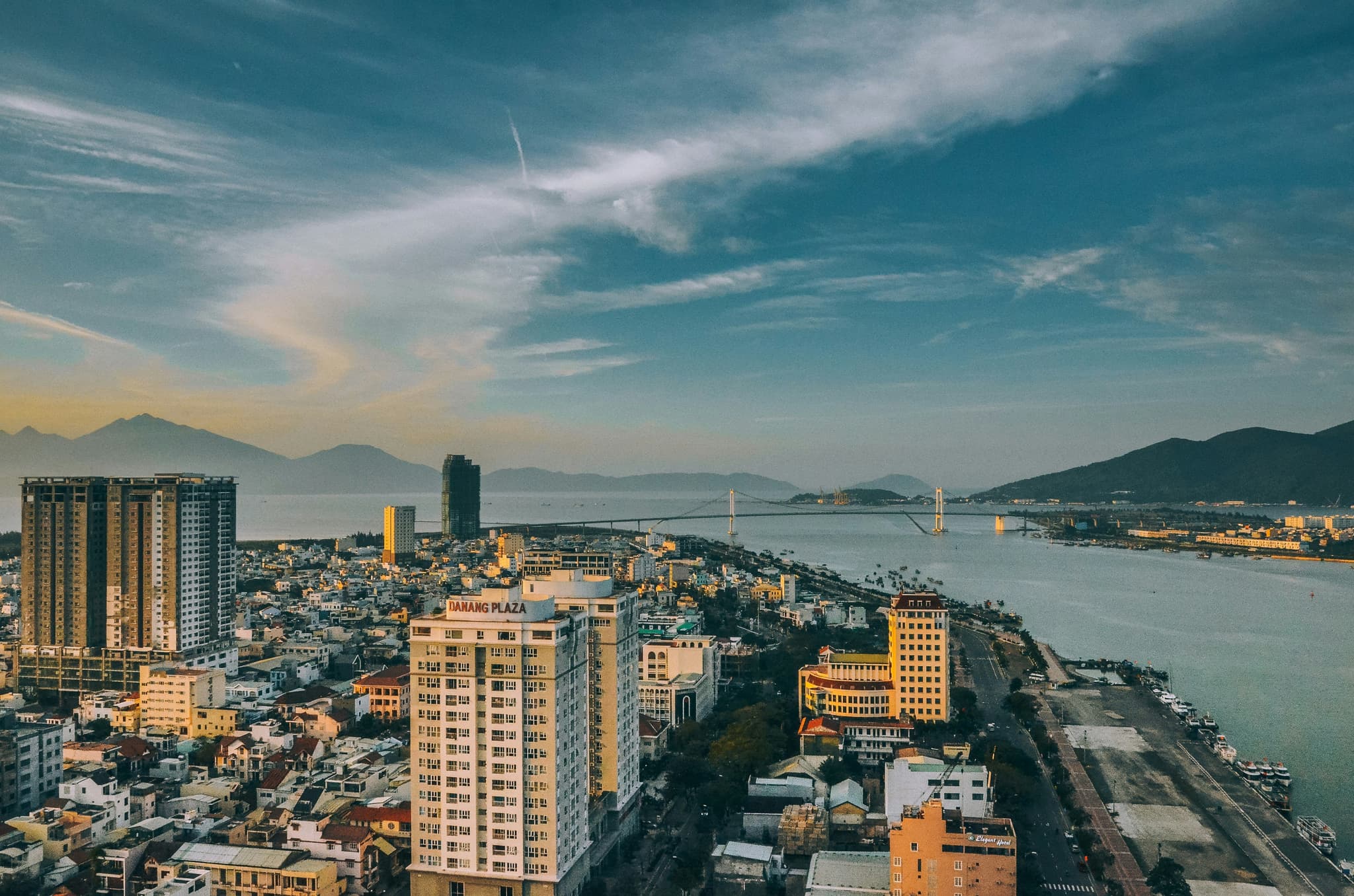City from above in Da Nang and the beach next to it