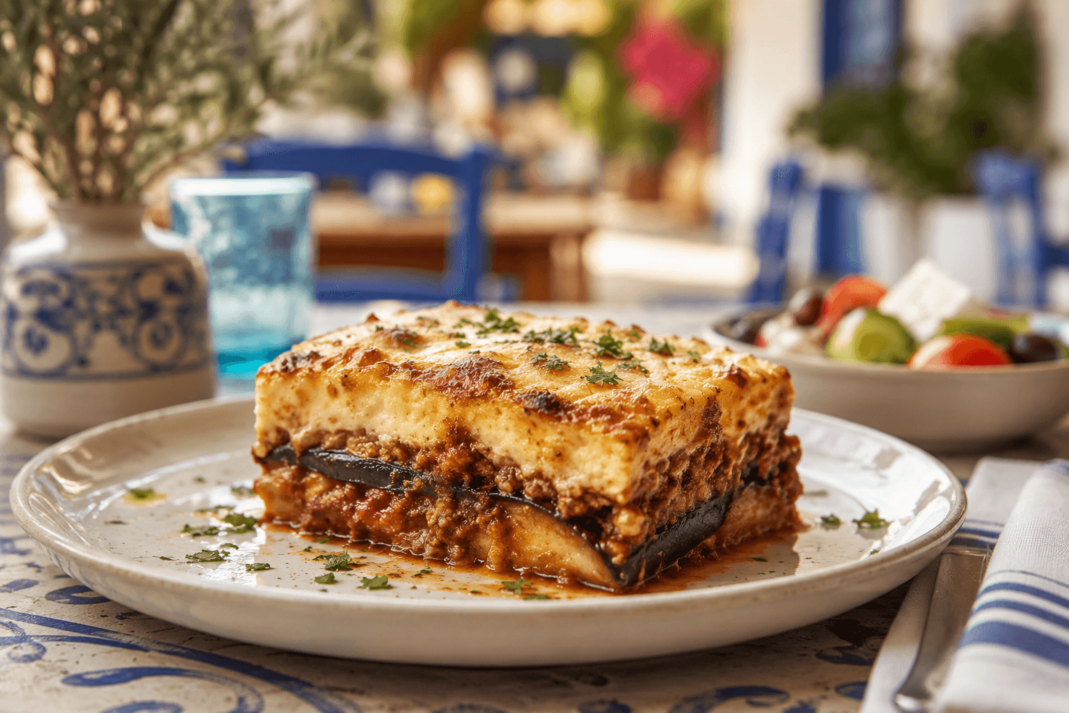 Moussaka on a white plate in a greek restaurant