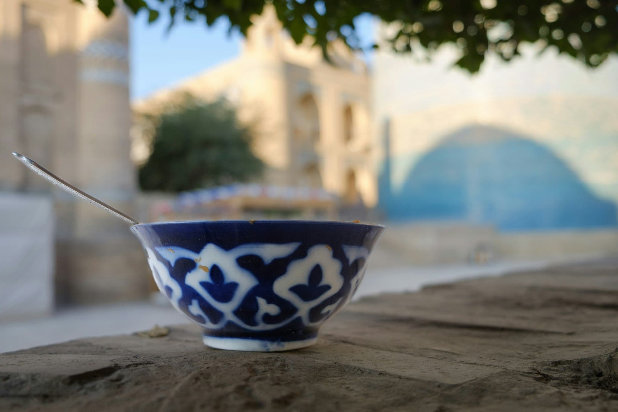 Tea in a blue and white bowl