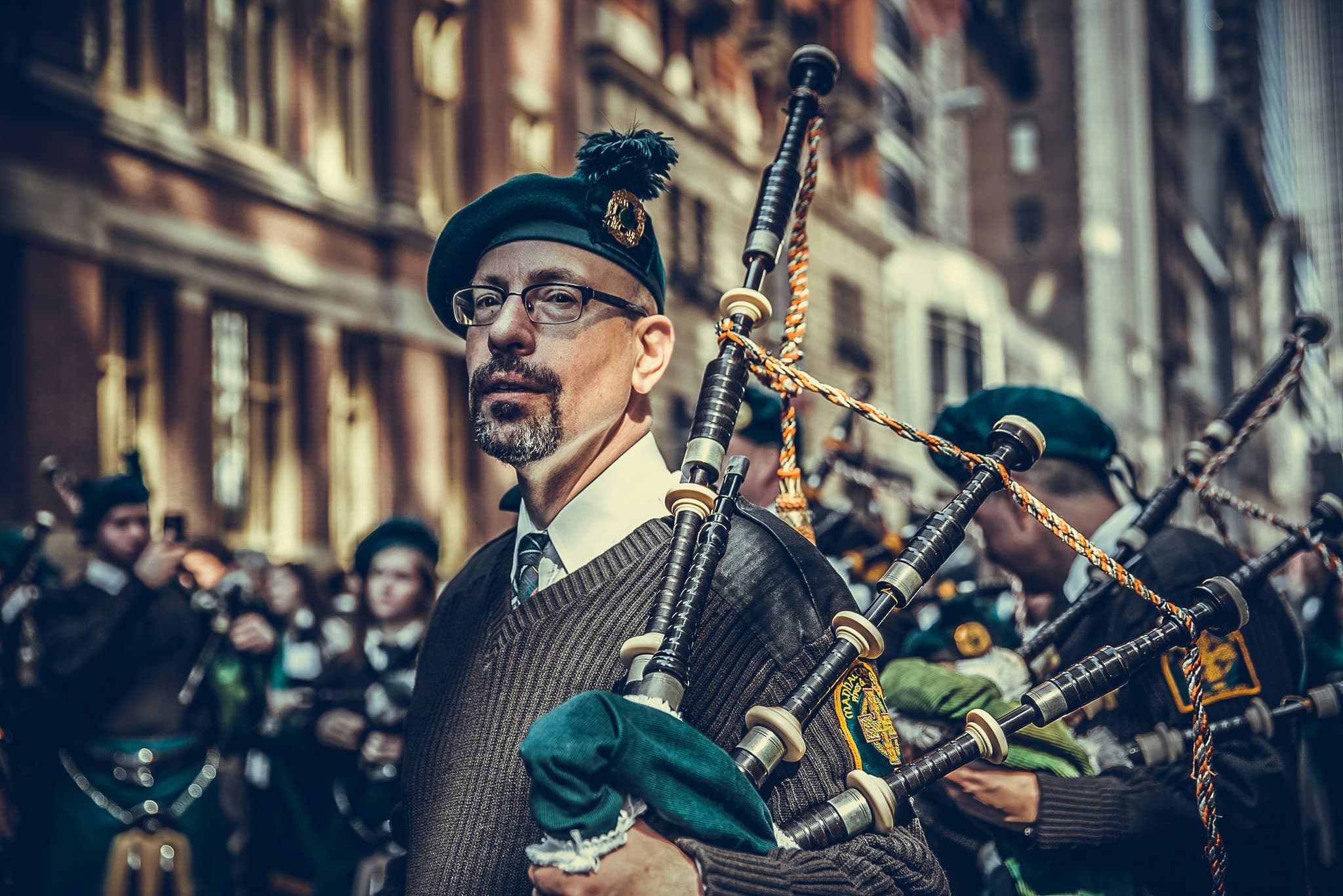Man holding musical instrument during Patrick’s Day