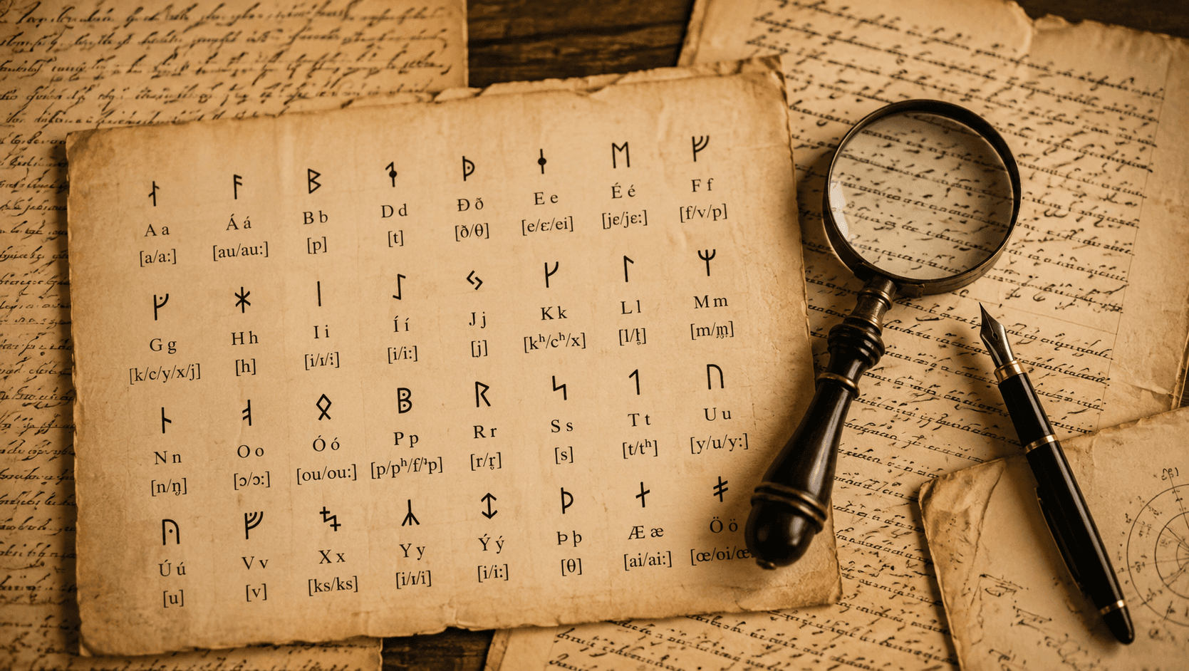 old paper with icelandic letters and mirror glass