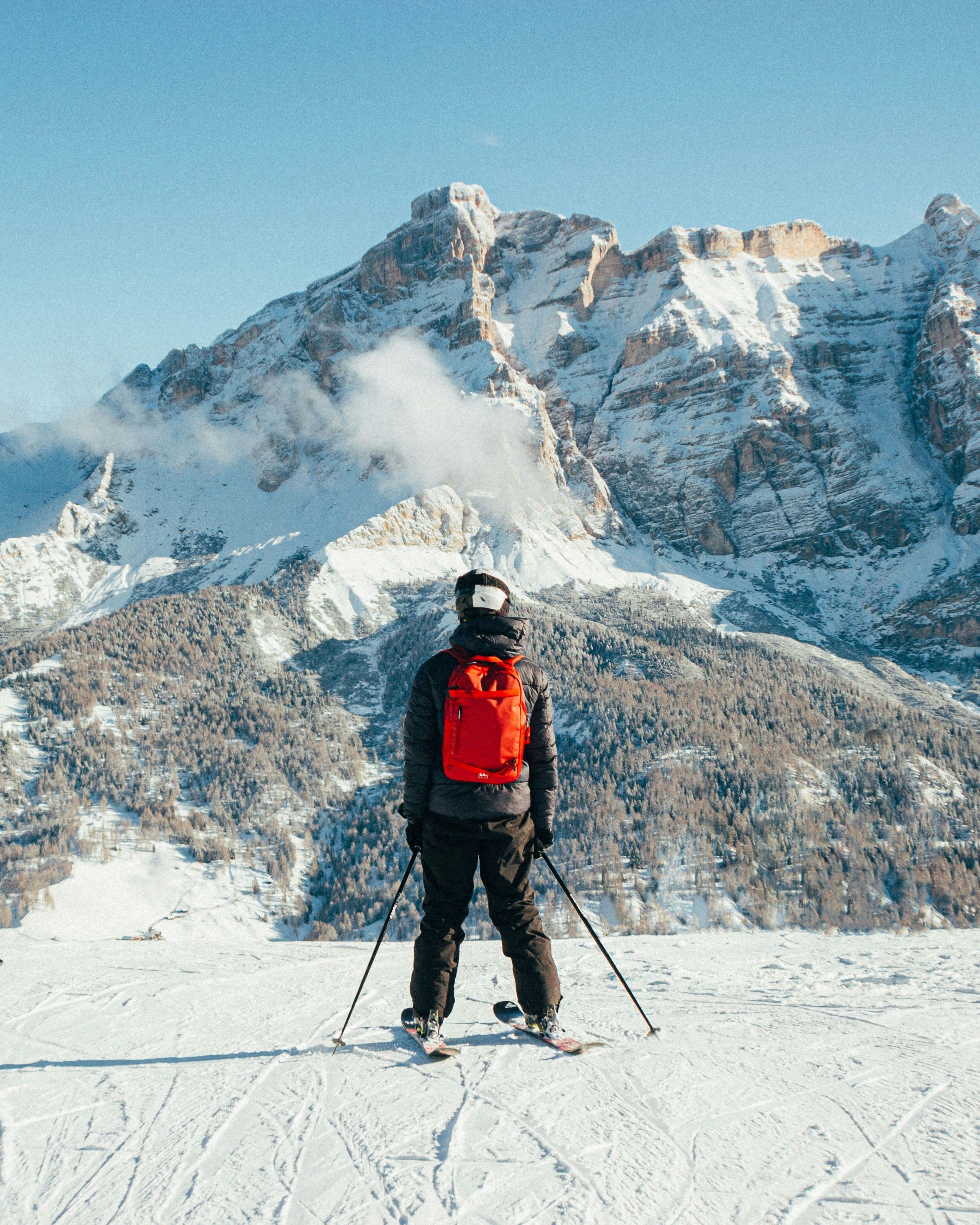 Skiier looking across the mountain range