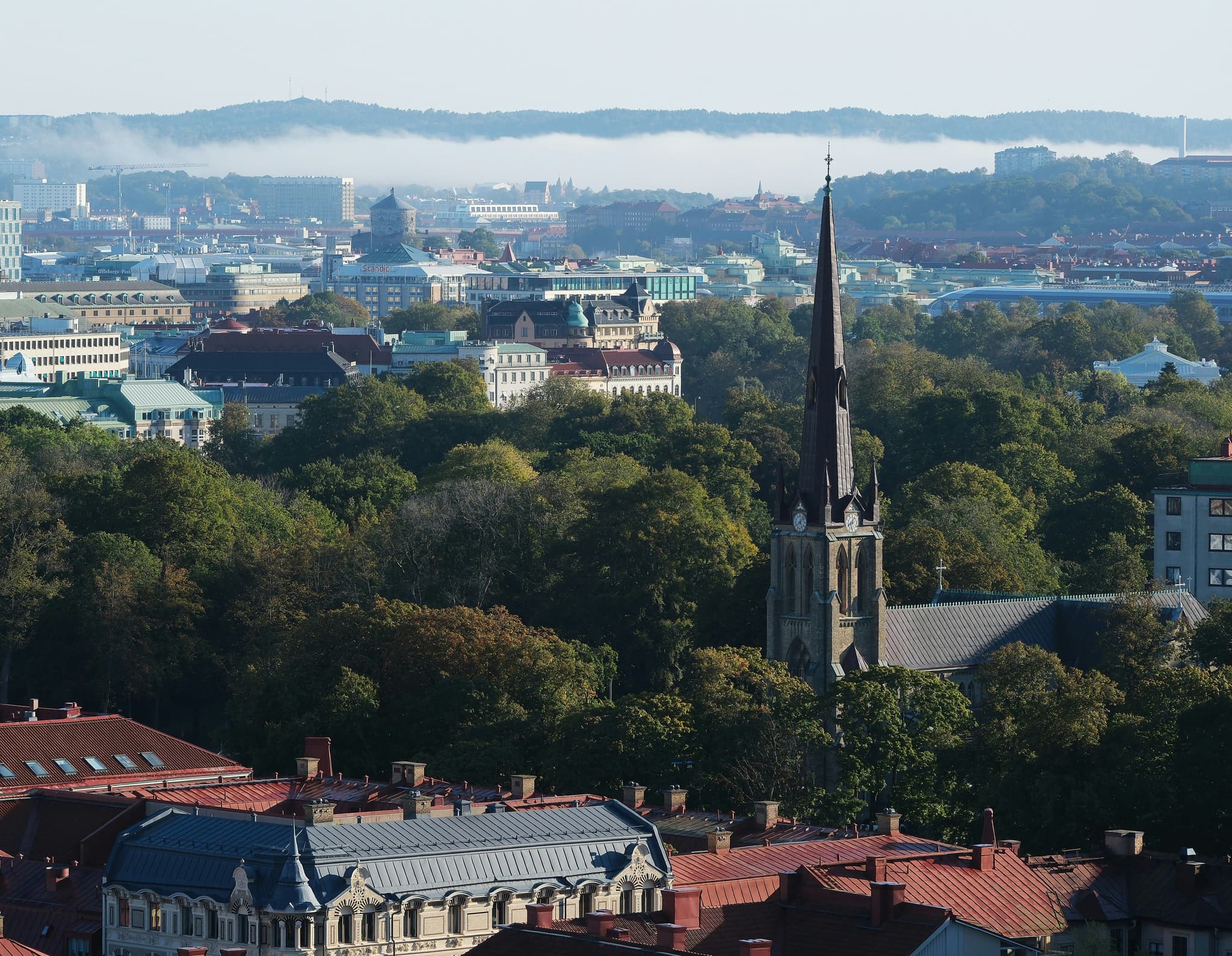 Gothenburg city from above, church and trees visible