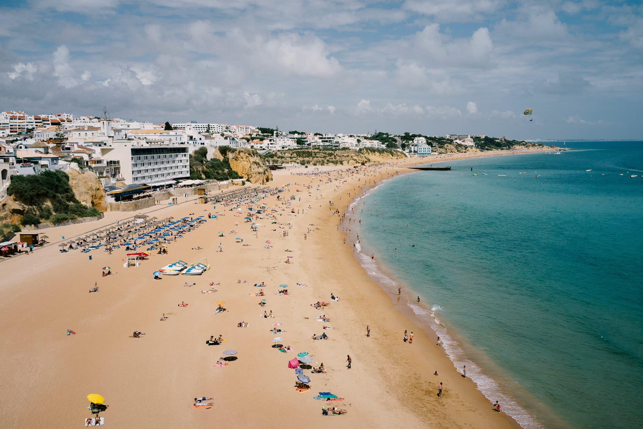 coastline of Albufeira from above, wide sand and hotels