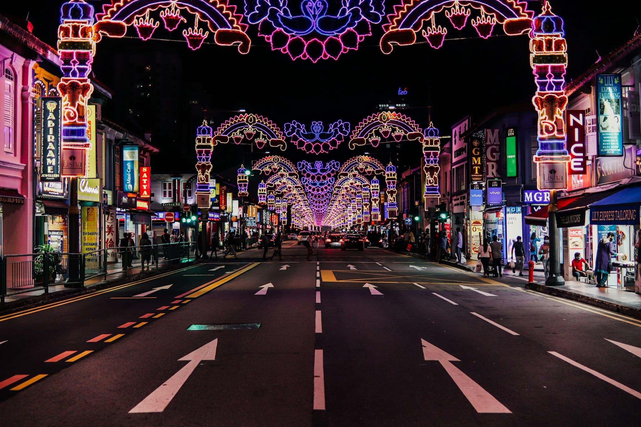 Little India street decorated with Deepavali lights at night