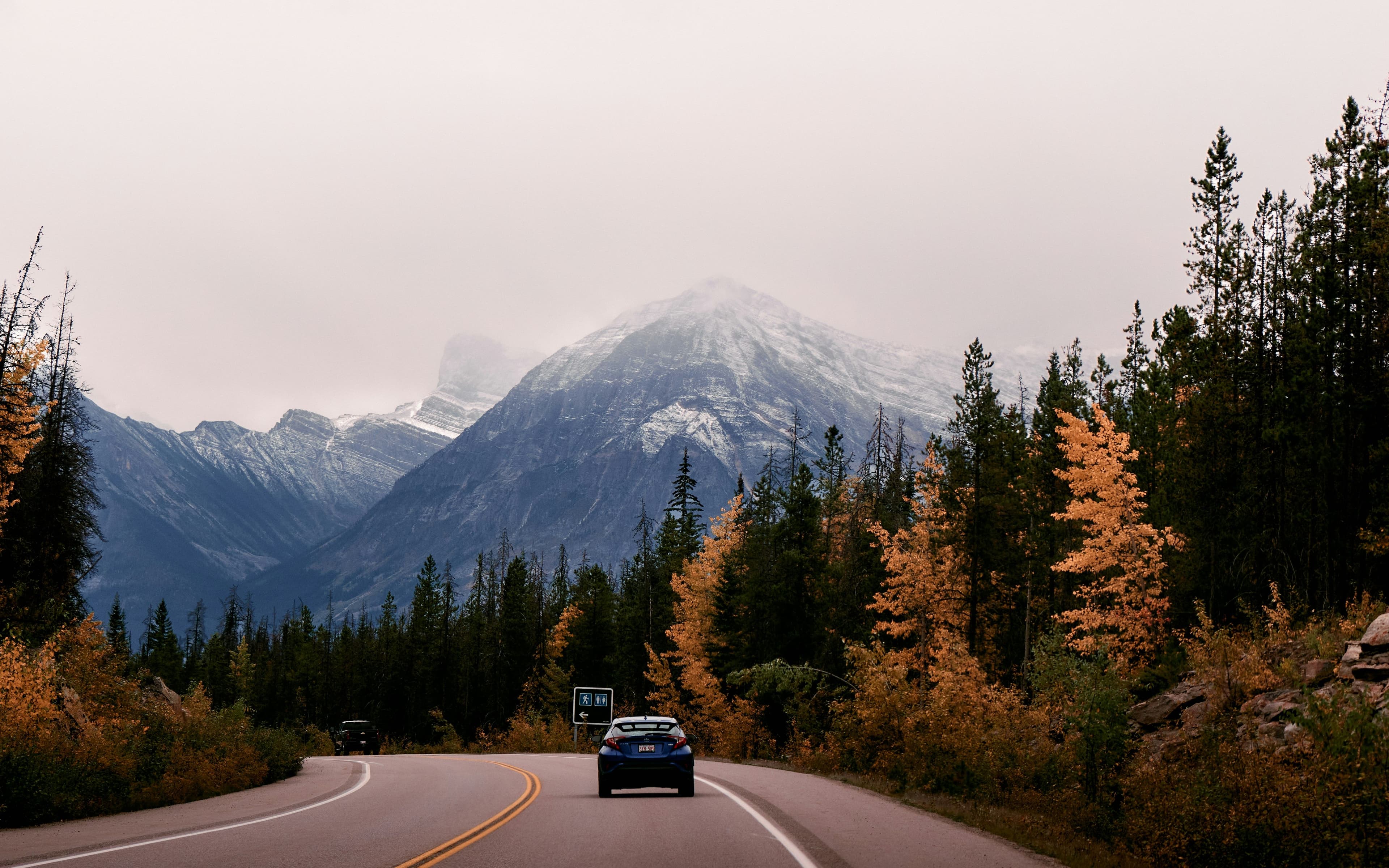 Car driving the Icefields Parkway road surrounded by snowy mountains and dark trees