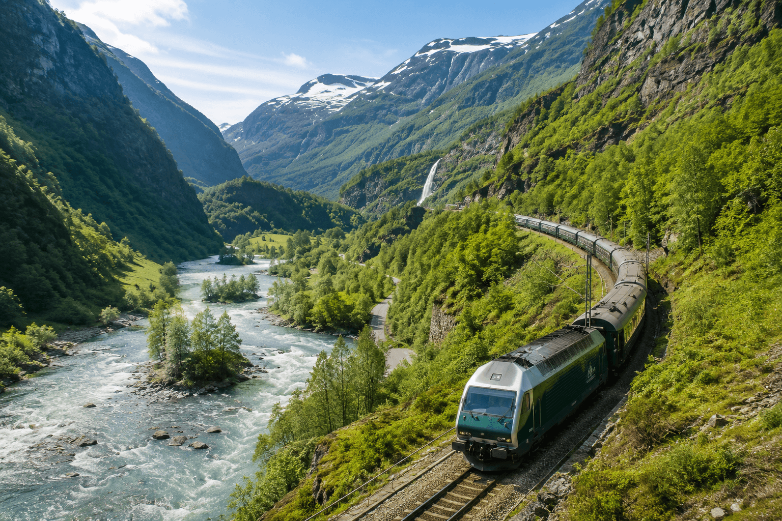 A train on a railway in the middle of the mountain valley next to a river and mountains