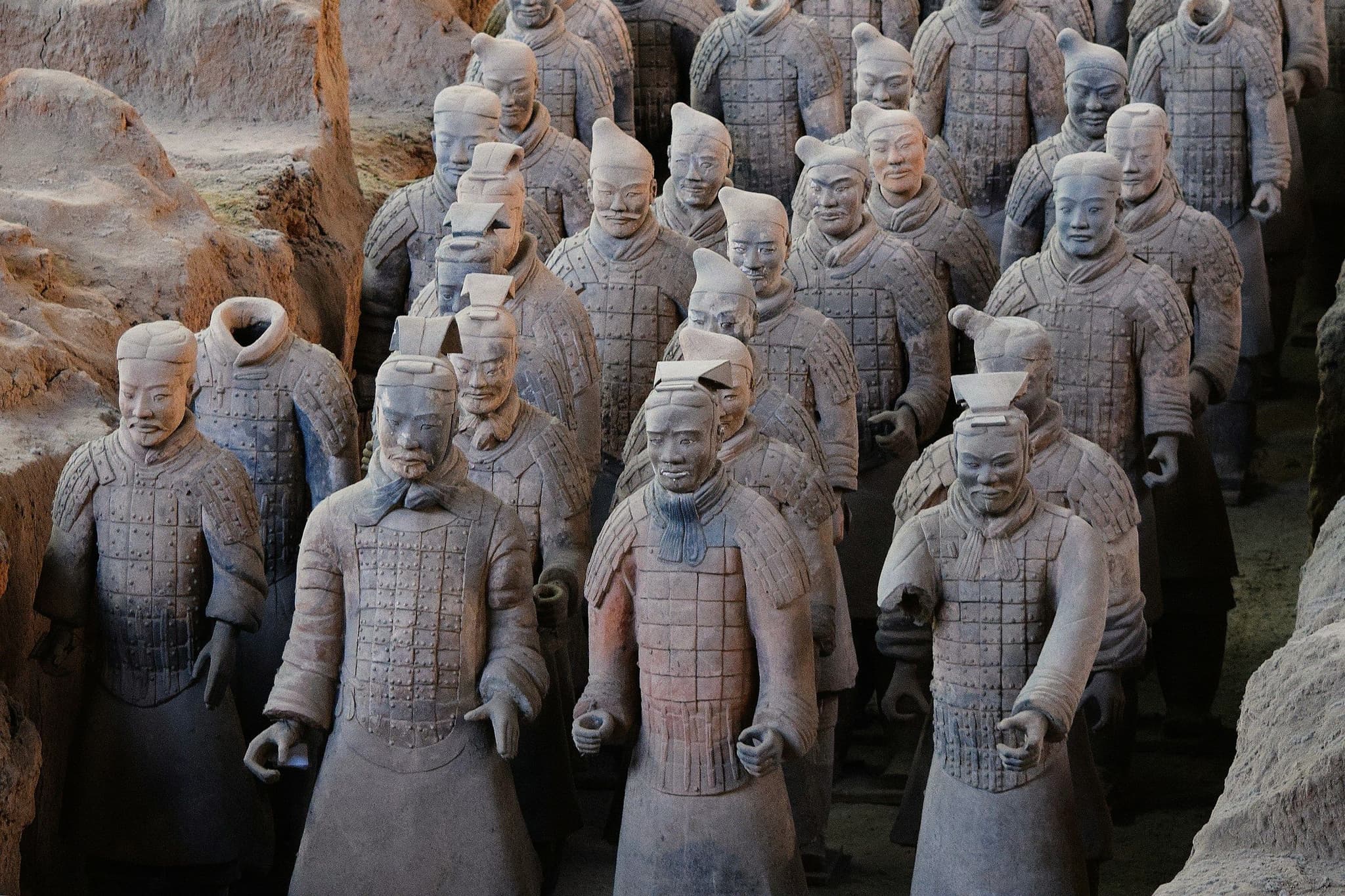 Rows of Terracotta Army warriors in their excavation pit near Xi'an