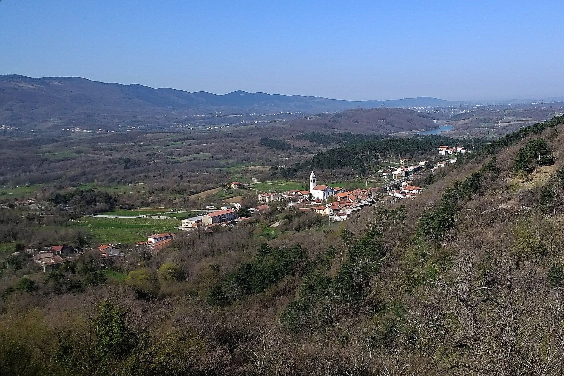 Wide view of dark green nature area from above overlooking Vipava Valley