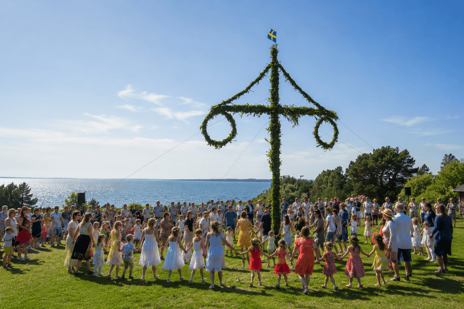 group of people holding hands and dancing under the pole with green grass