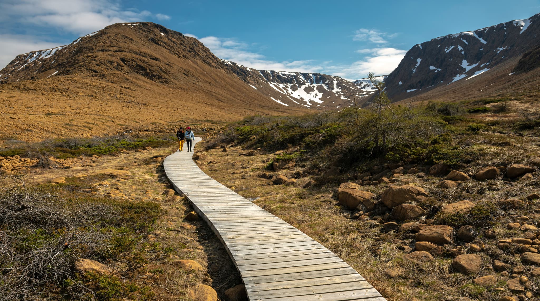 Hikers walking a wooden boardwalk through Kungsleden's mountain terrain