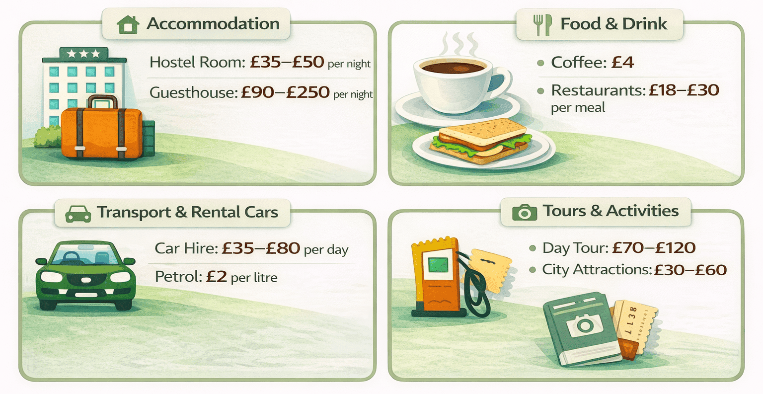 Infographic showing average prices in Iceland for accommodation, food and drink, transport and tours, including hostel rooms, car hire and restaurant meals.