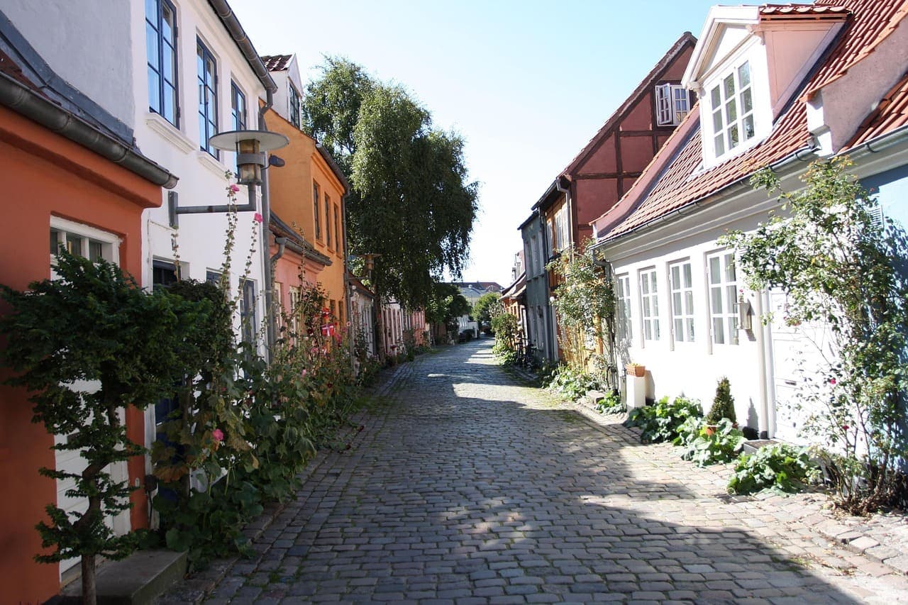 A quiet cobbled street lined with small colourful houses and flowers in Aarhus, showing the charming historic neighbourhood.