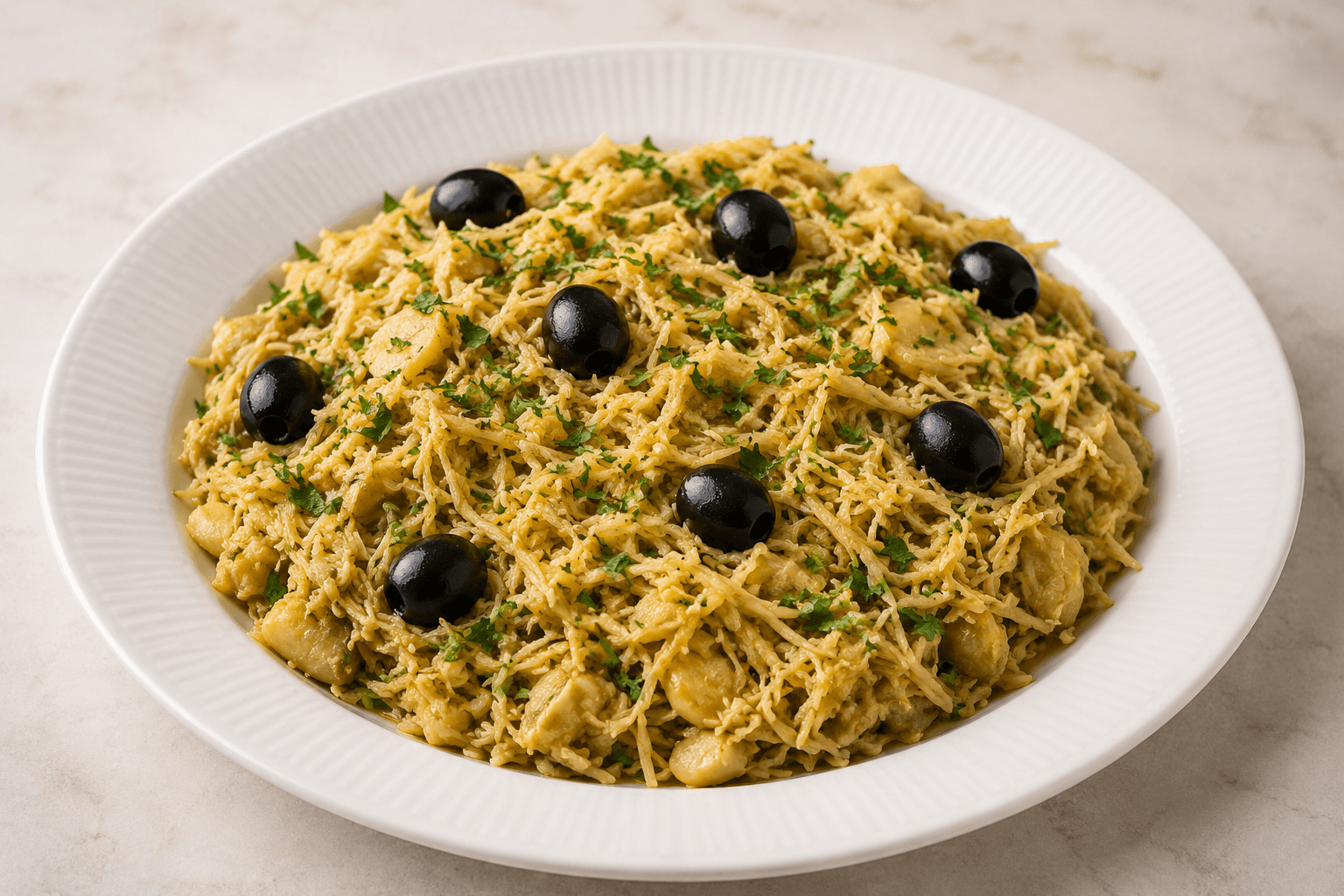 Plate with rice dish with black olives on top