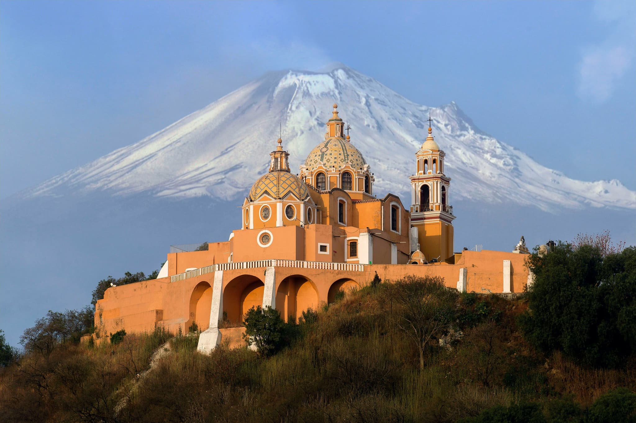 The Great Pyramid of Cholula, topped with a colonial church, near Puebla, Mexico