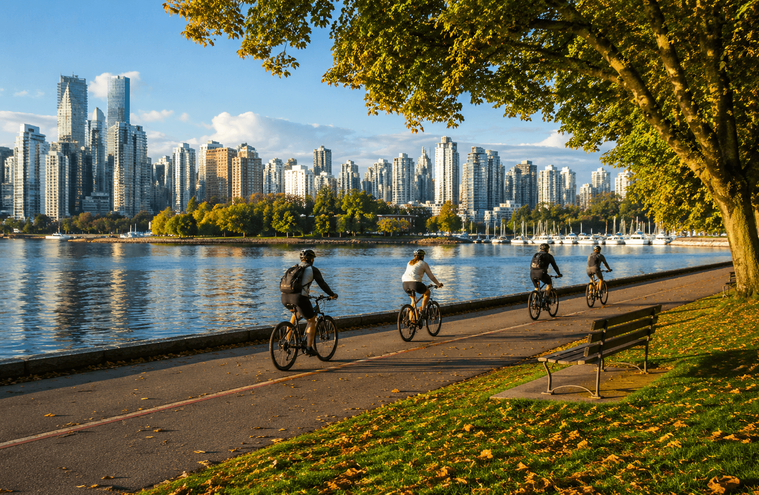 Cyclists cycling through the park in vancouver with the river and skyline in background