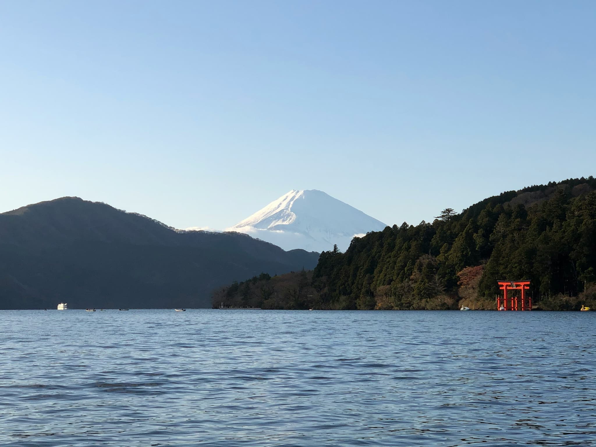Lake and mountains with mount fuji in the background