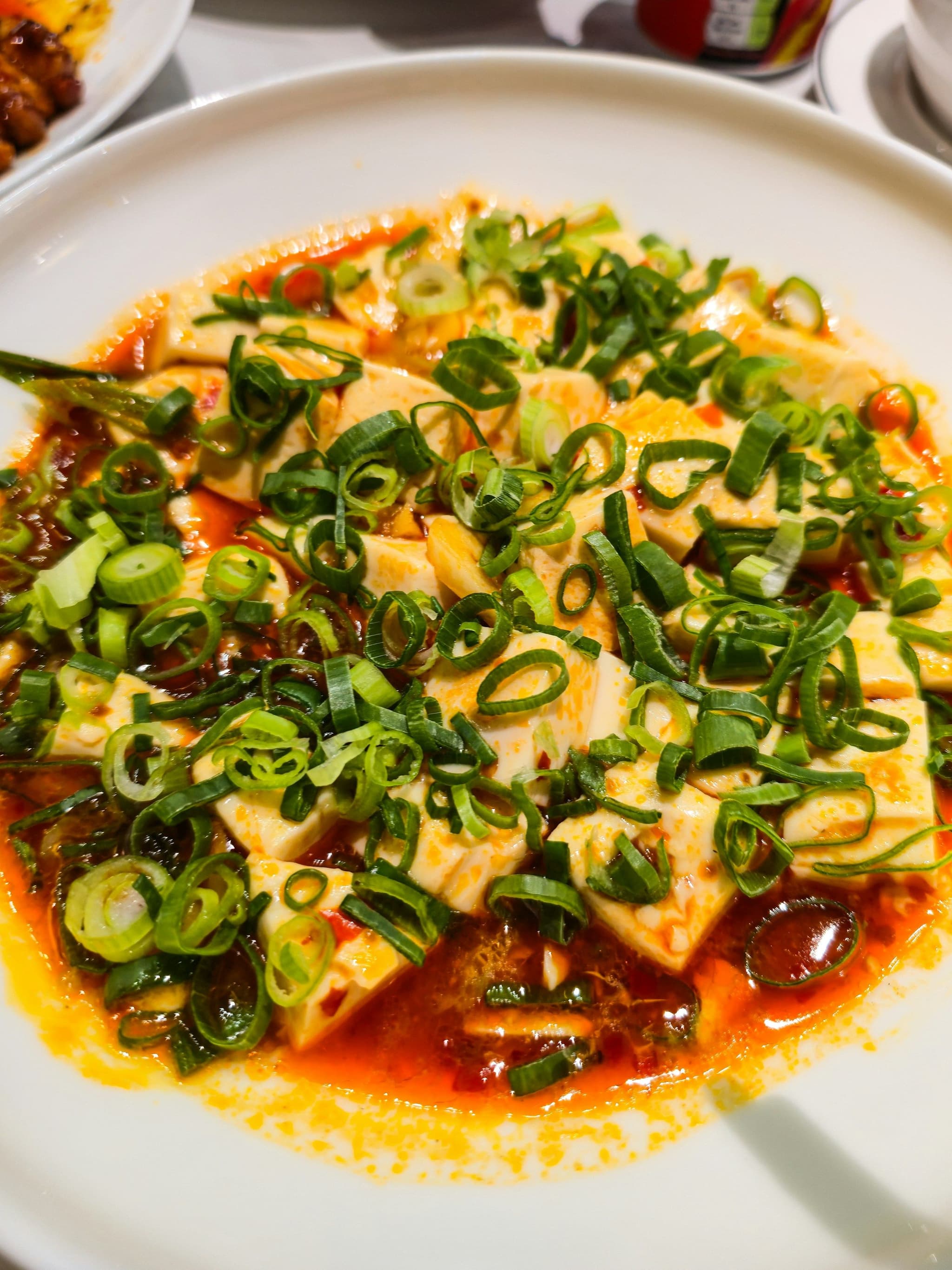 Mapo tofu with soft tofu cubes in a red chilli sauce, topped with spring onions