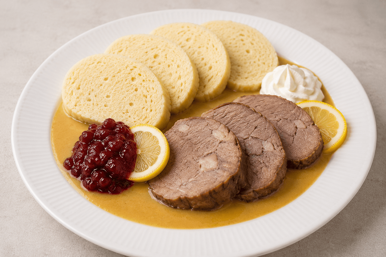 White plate with meat and tiny bread circles.