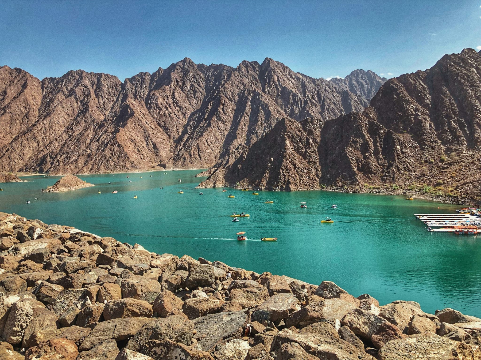Rocky mountains of Hatta with blue lake