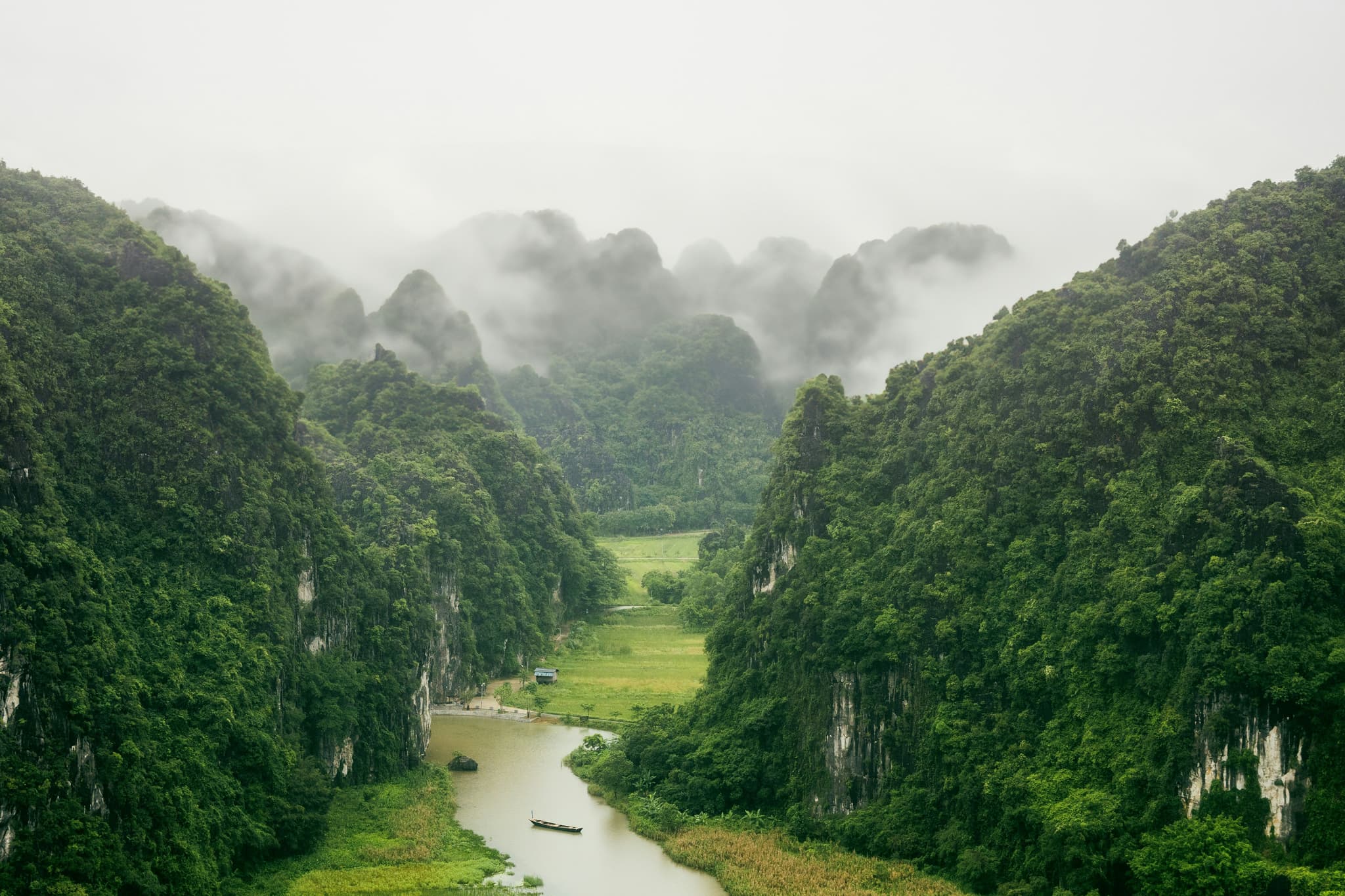 Lush green mountains and river of Ninh Binh