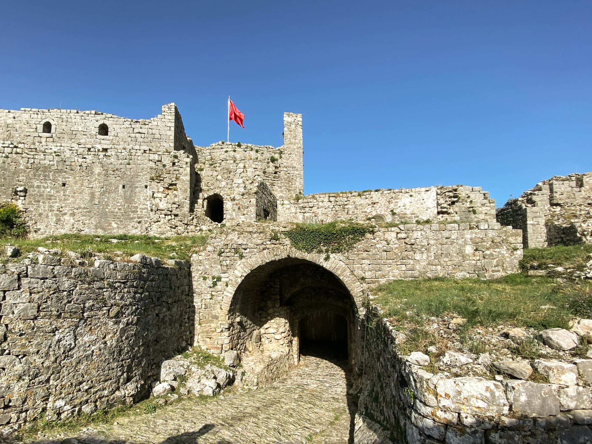 The stone walls and gate of Rozafa Castle in Shkodër