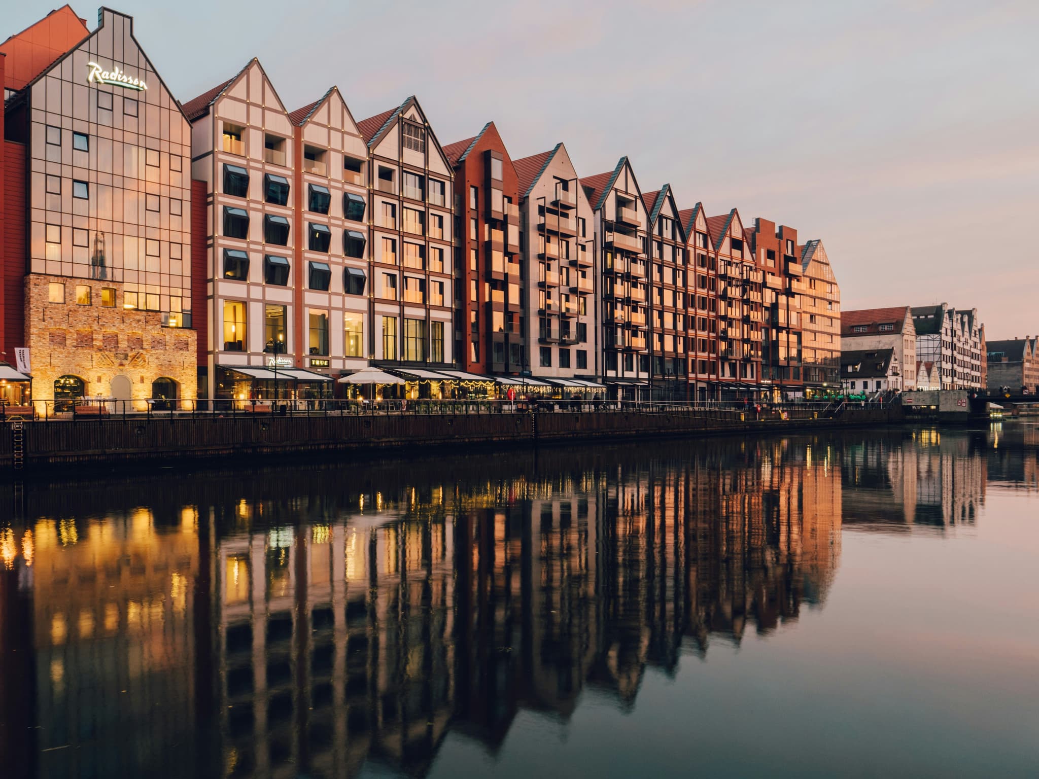 Gdańsk city houses old houses near the water with reflection