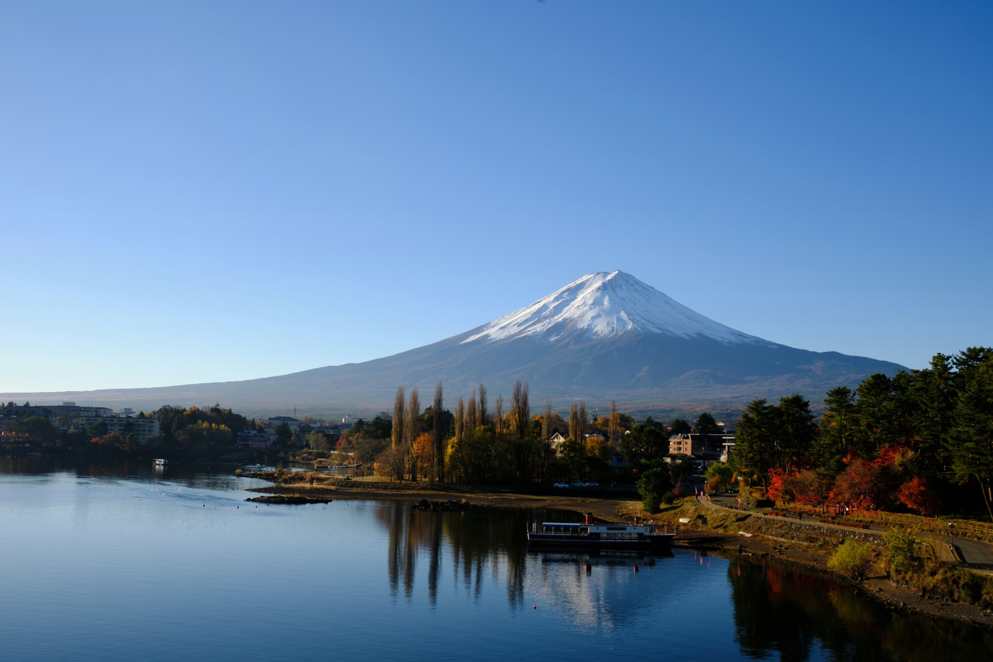 Mount Fuji reflected in the still waters of Lake Kawaguchiko