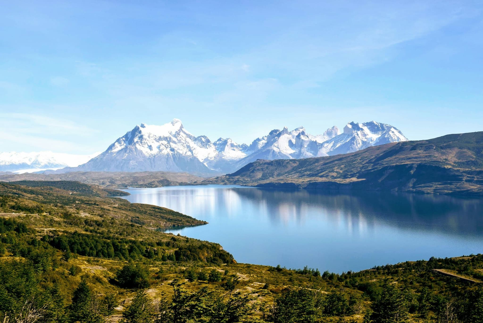 Lake in Patagonia with snow mountains in the background