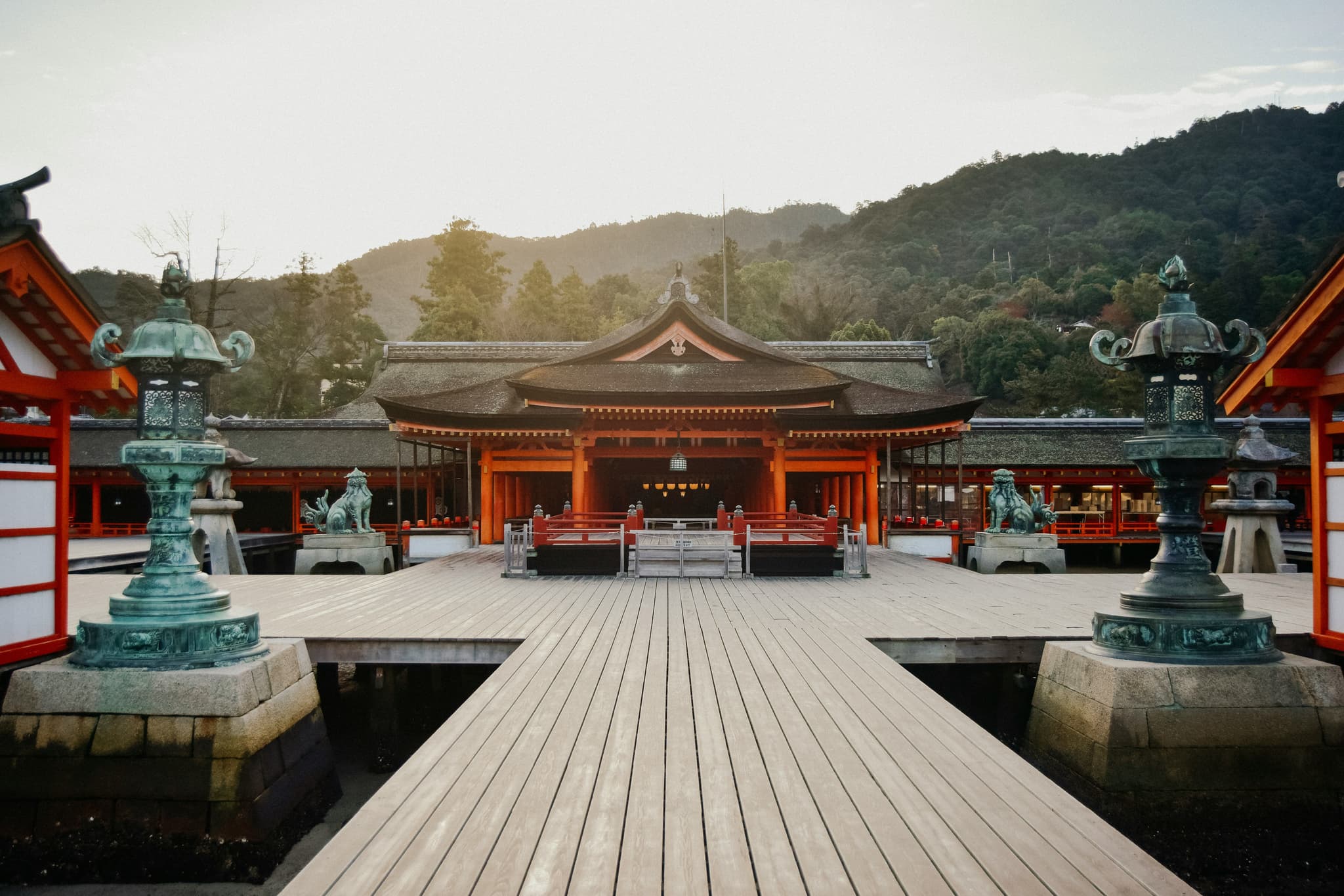 shrine red temple and wooden deck in Hiroshima