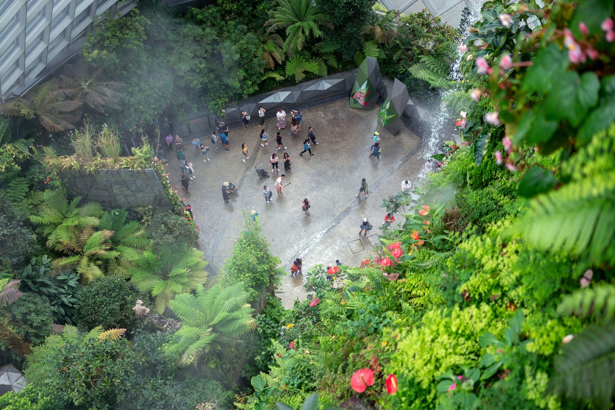 Looking down over plants and walkways inside the Cloud Forest dome at Gardens by the Bay