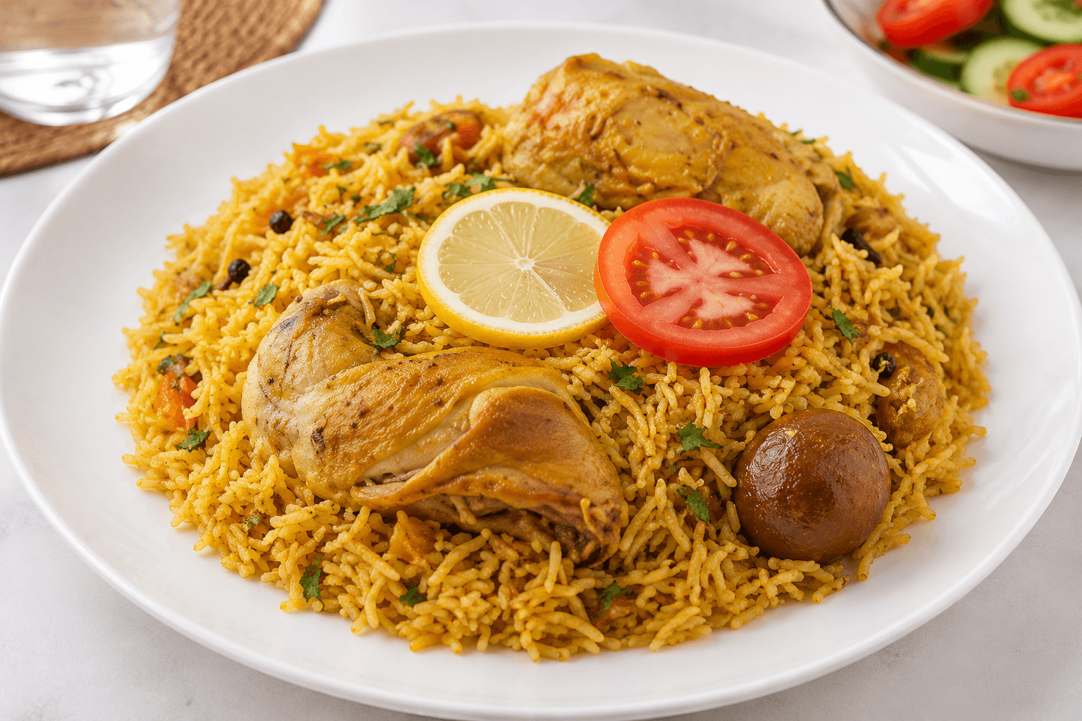 white plate with machboos dish, rice with chicken