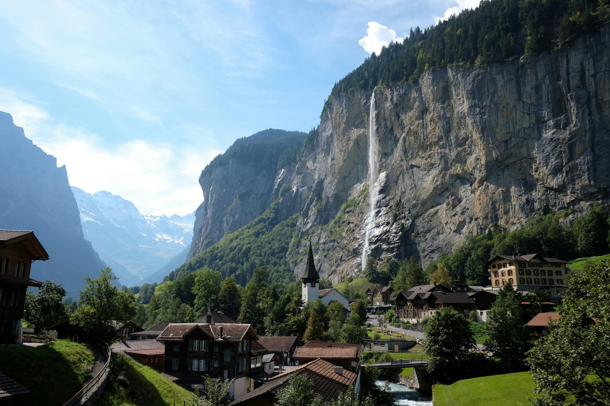 Waterfalls dropping down the cliffs of the Lauterbrunnen valley