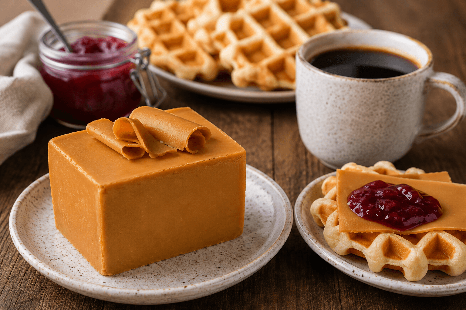 Norwegian brown block of cheese, along with coffee and a waffle and jam