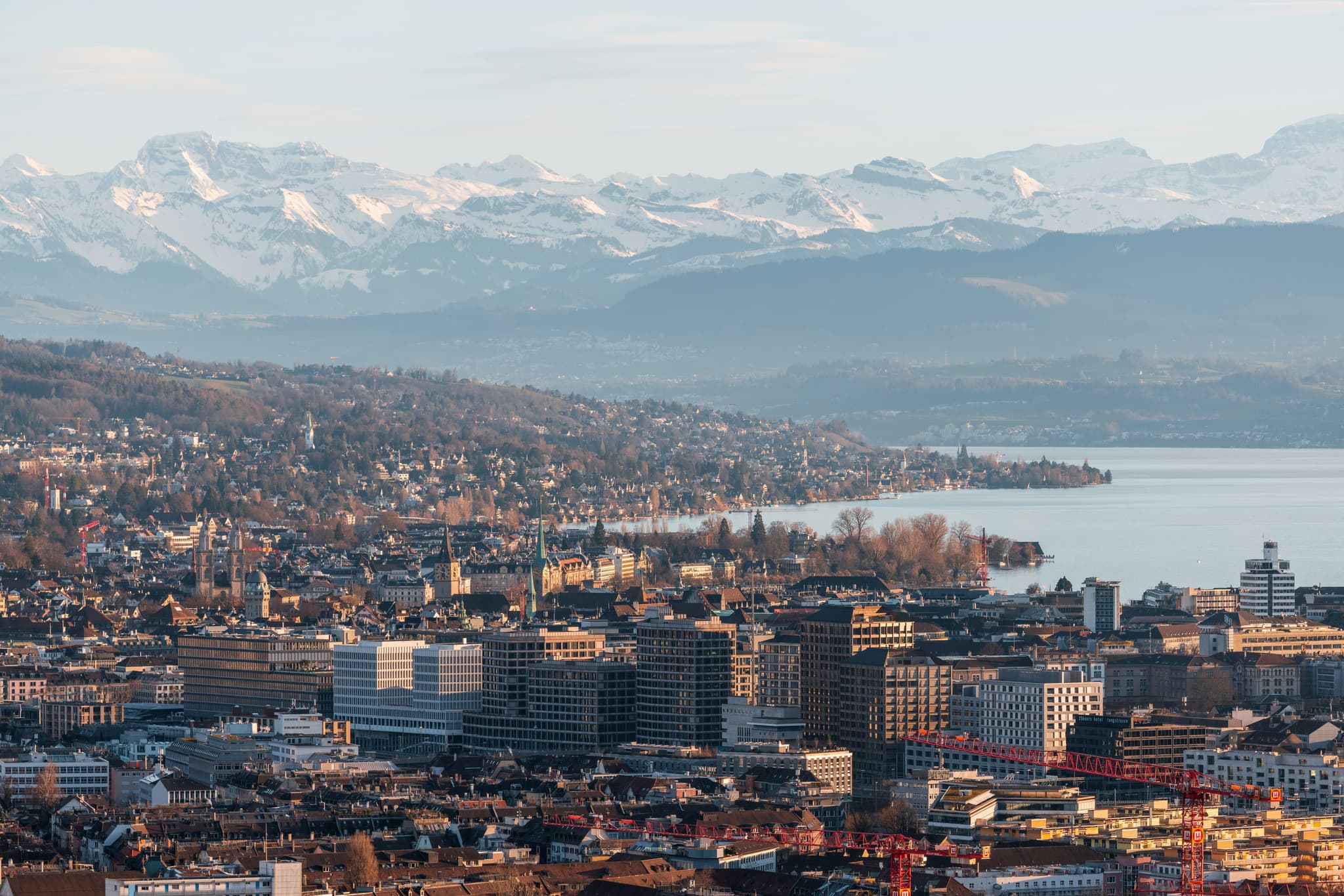 Zurich lakeside skyline with the Alps visible in the distance