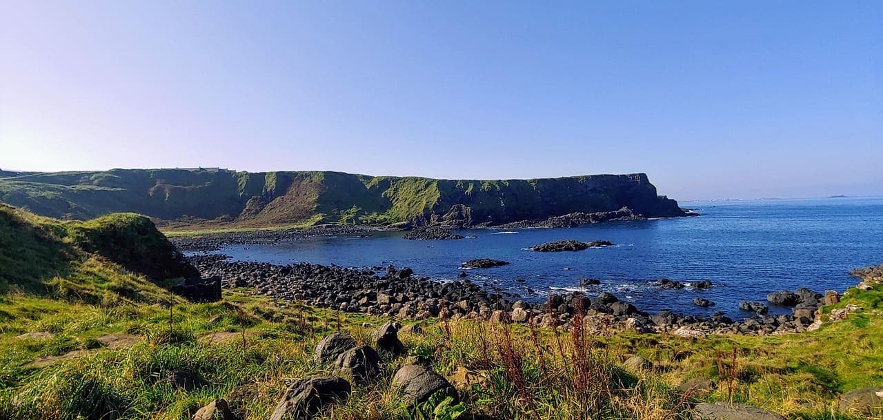 Coastal cliffs and rocky shoreline in Ireland under a clear blue sky, with green grass in the foreground and calm sea stretching to the horizon.