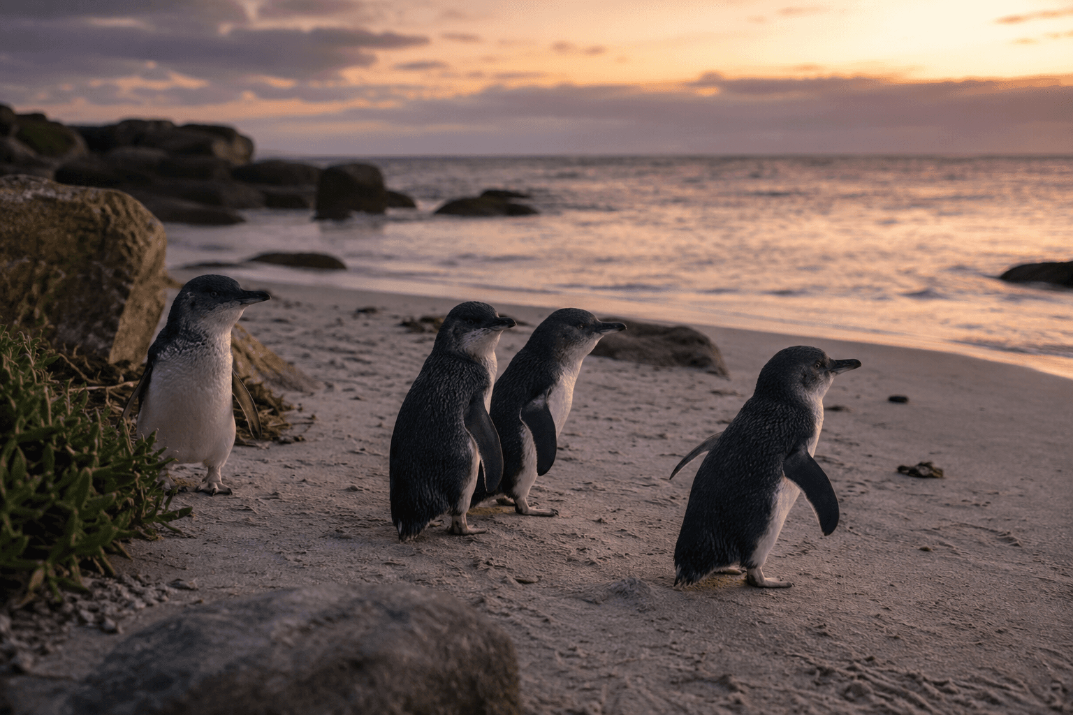 A group of tiny penguins standing on the beach during sunset