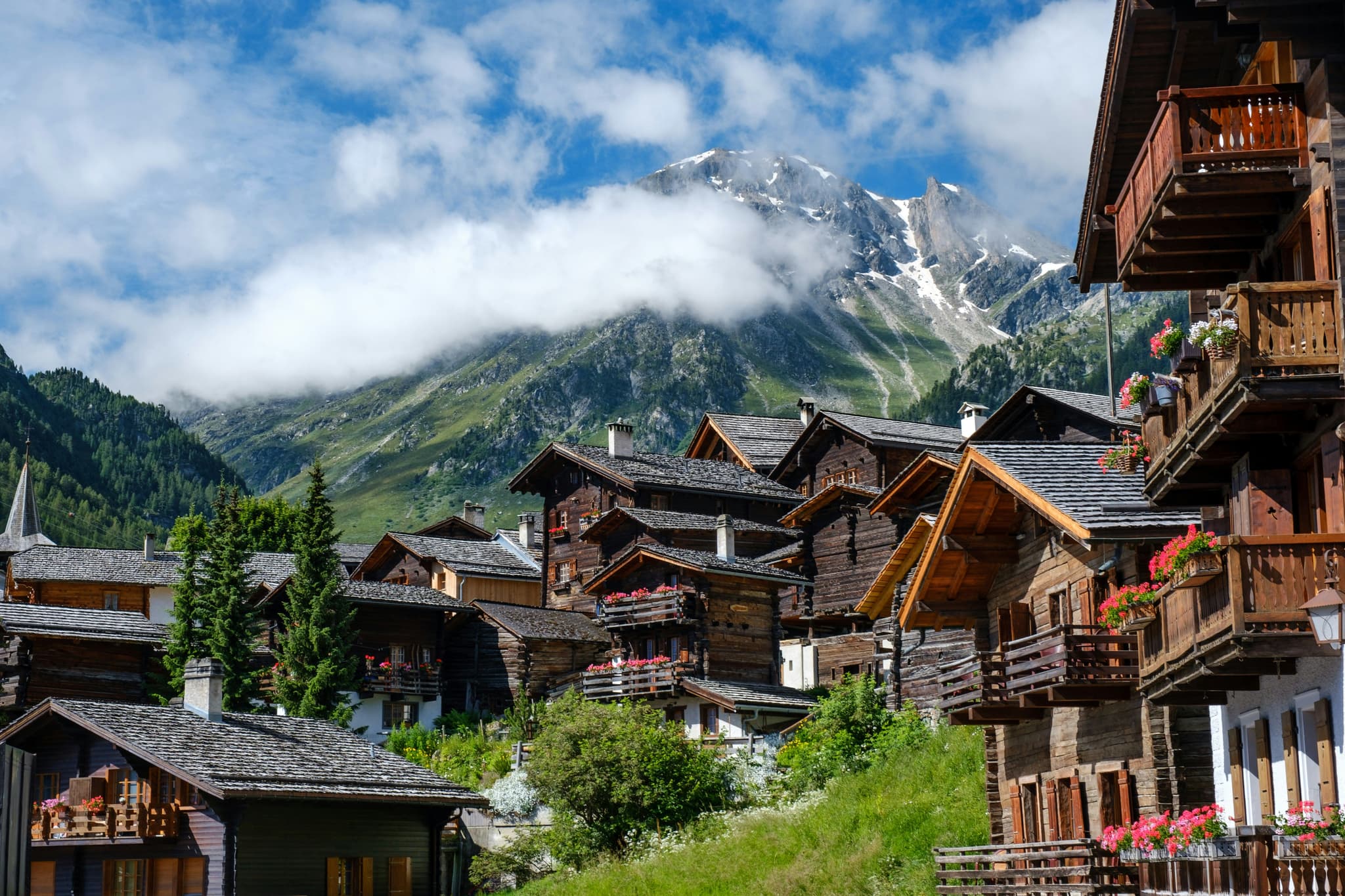 Swiss cottages and mountains