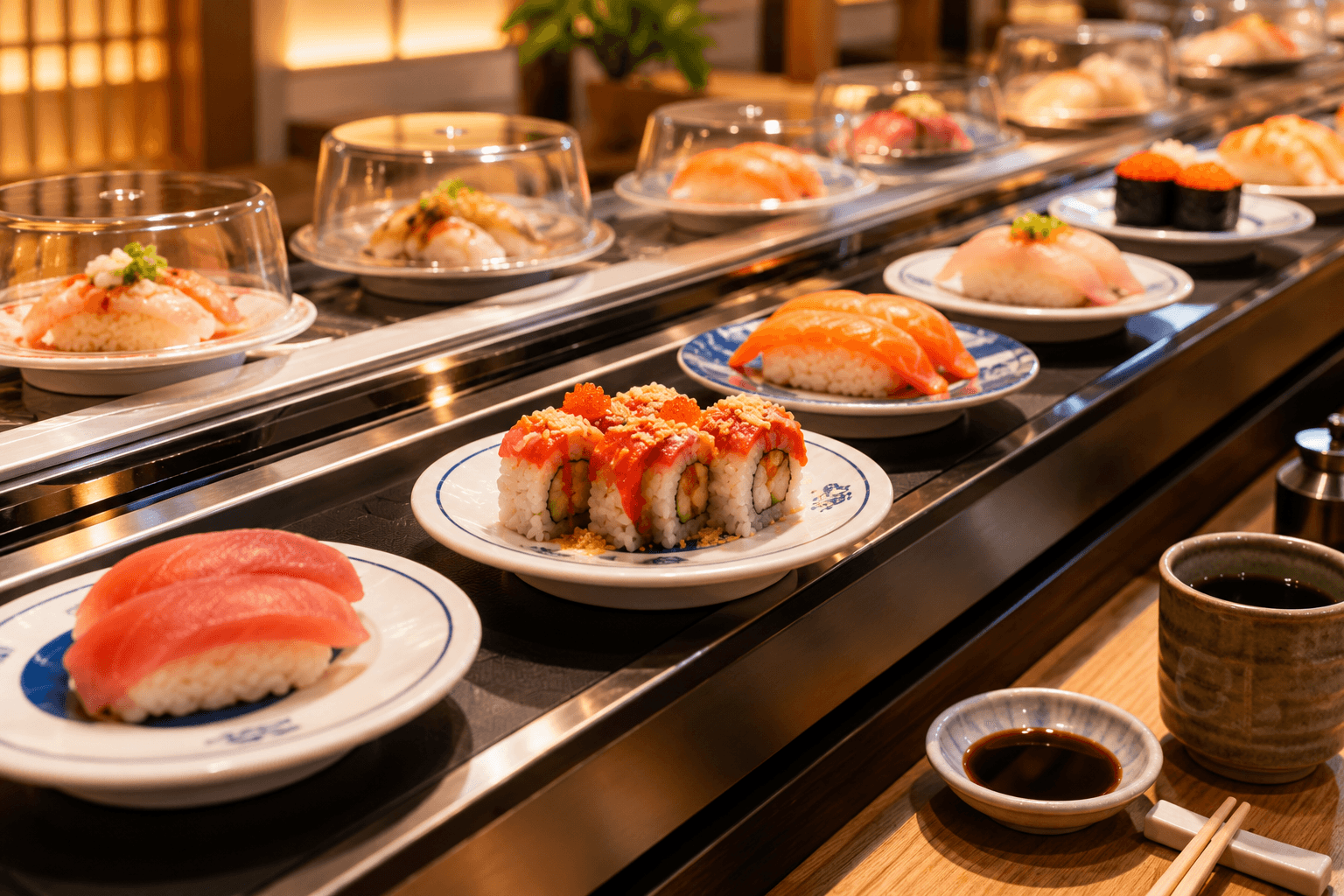 "Fresh sushi plates move along a conveyor belt inside a modern Japanese restaurant. Salmon nigiri, tuna nigiri, sushi rolls, and other dishes are displayed on small plates under warm lighting, creating a welcoming kaiten sushi dining atmosphere."