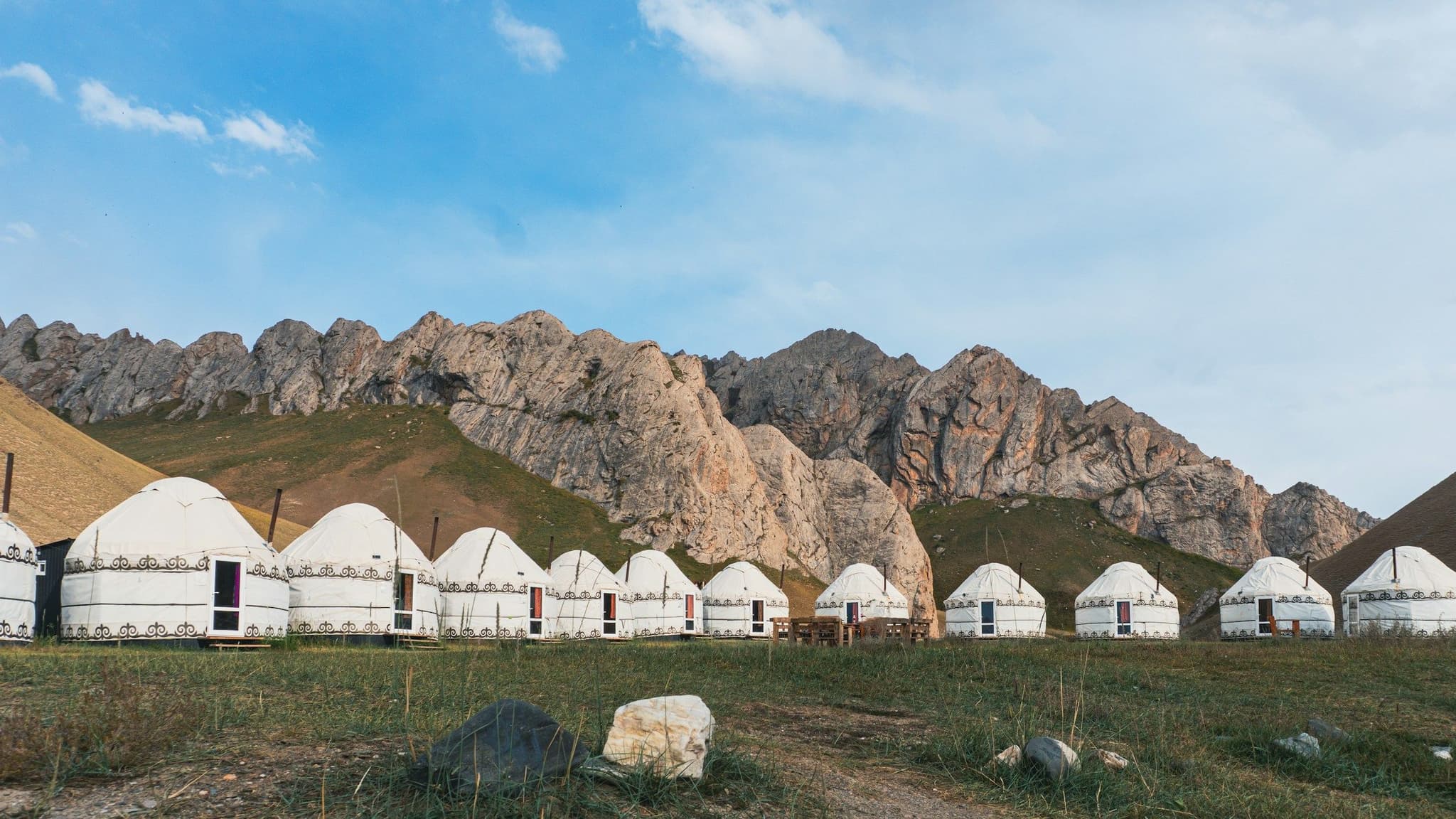 A row of yurts in a mountain valley